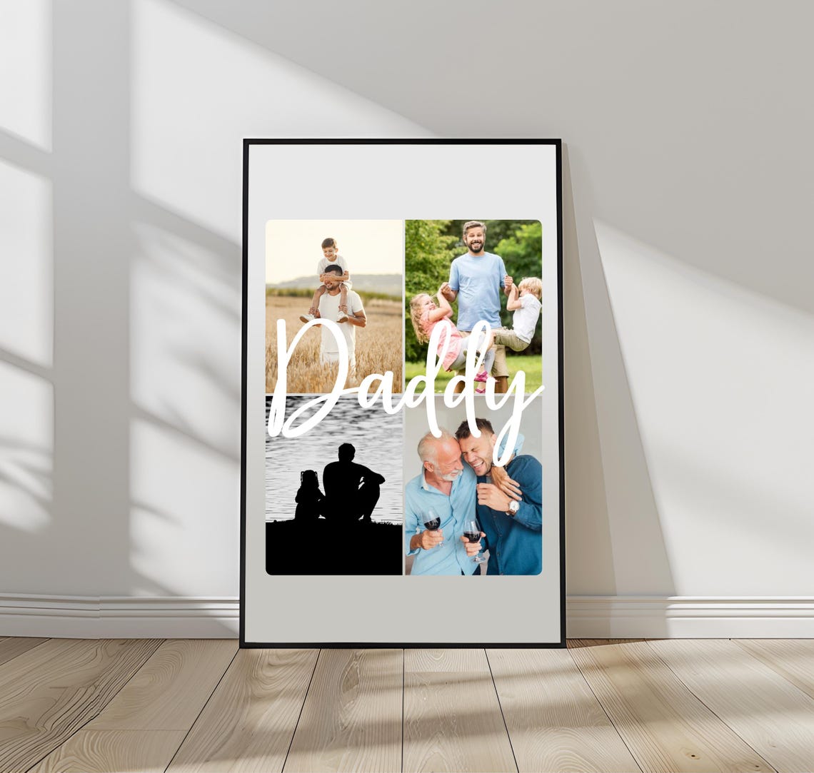 Daddy Script Photo Collage Poster with Four Family Pictures Gift