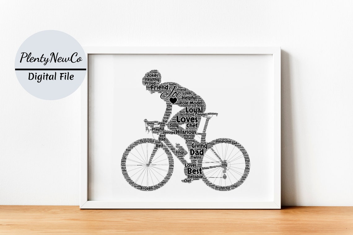 Personalised Cyclist Print Custom Word Wall Art Birthday Fathers Day Cycling Bike Gifts For Him Her Boys Girls Men Women Dad