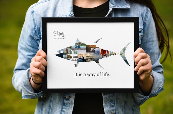 Tuna Fish Photo Collage Fishermen Dad Custom Gift Fish Shape Wall Art Sign For Fishing Lovers Personalized Fishing Gift