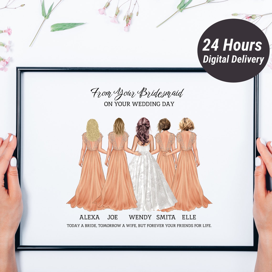 Personalized Bridesmaid Wedding Day Illustration Keepsake Gift Print