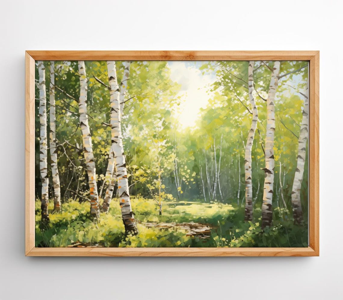 Sunlit Birch Forest Oil Painting Impressionist Summer Woodland Poster