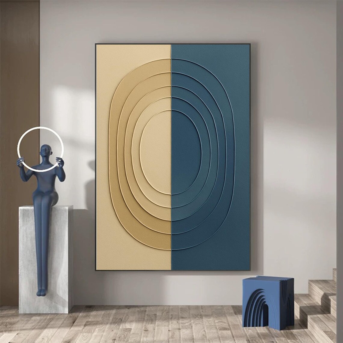 Oval Abstract Painting, Minimalist Modern Decor