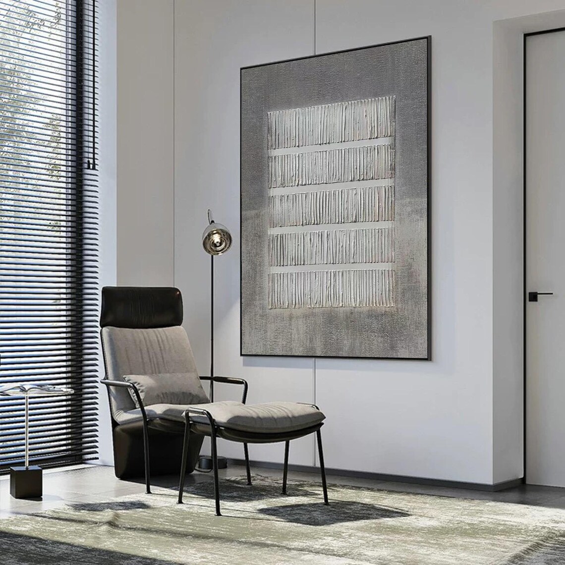 Grey Abstract Textured Line Painting, Minimalist - Image 3