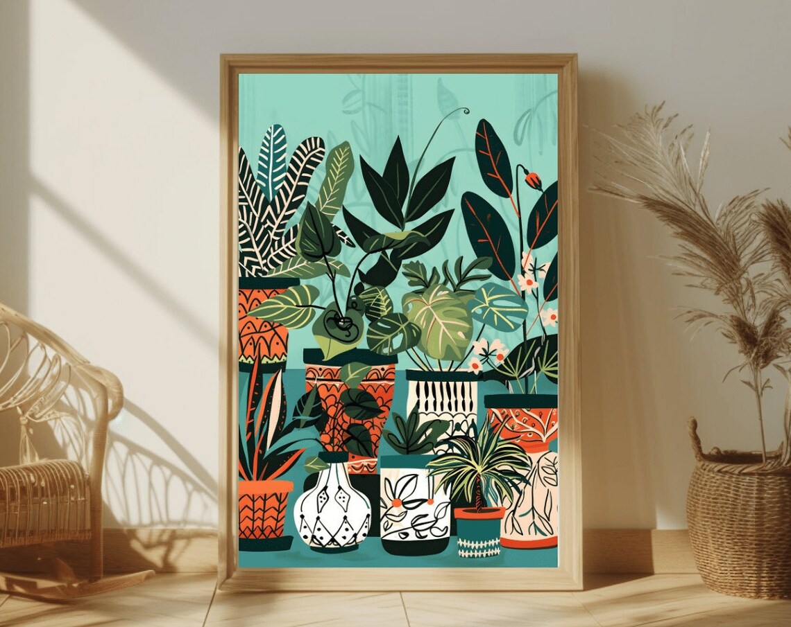 Teal Turquoise Botanical Plant Pots Boho Art Print