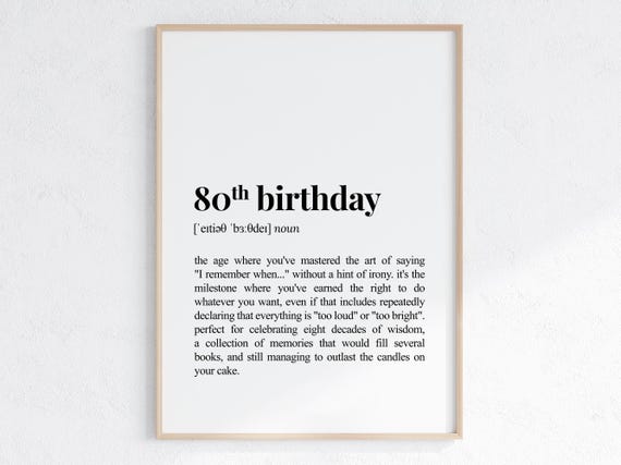 80th Birthday Definition Print Sarcastic Dictionary Poster Funny 80th Birthday Gift For Grandma Or Grandpa