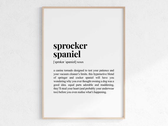 Sprocker Spaniel Definition Print Sarcastic Dictionary Poster Wall Art Sprocker Parent Gift Instant Gag Gift