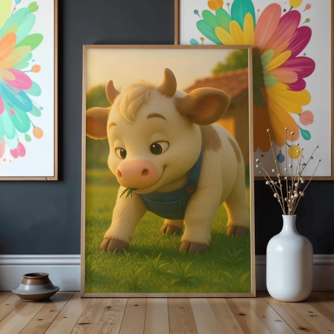 Cute Baby Cow in Overalls Cartoon Calf Sunny Meadow Nursery Art Print