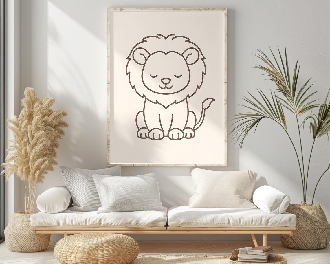 Baby Lion Line Art Nursery Print for Scandinavian Kids Room Wall