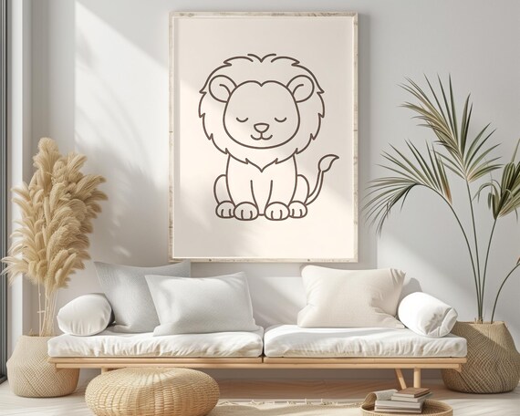 Baby Lion Line Art Nursery Print for Scandinavian Kids Room Wall