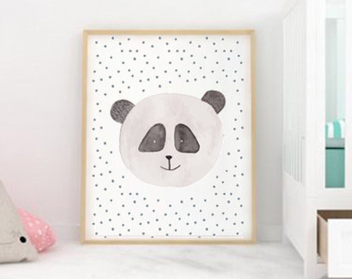 Sweet Baby Panda Watercolor Face Polka Dot Nursery Kids Wall Art