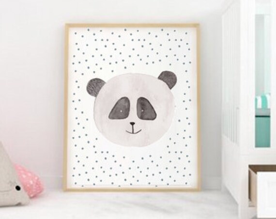 Sweet Baby Panda Watercolor Face Polka Dot Nursery Kids Wall Art
