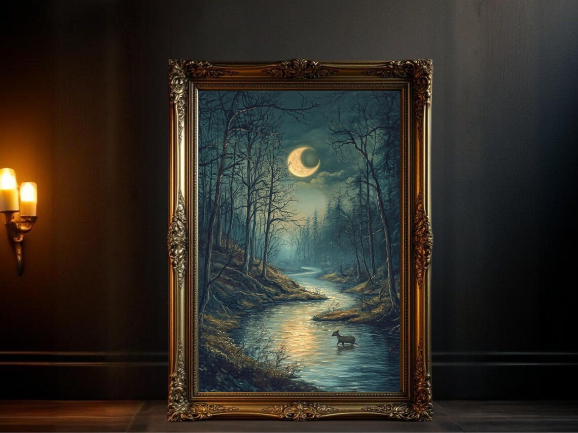 Enchanted Moonlit River, Dark Academia Landscape