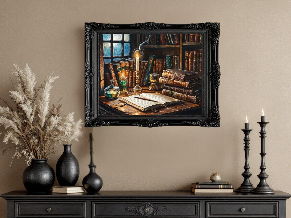 Vintage Library Bookshelf, Candlelit Book Scene - Image 3