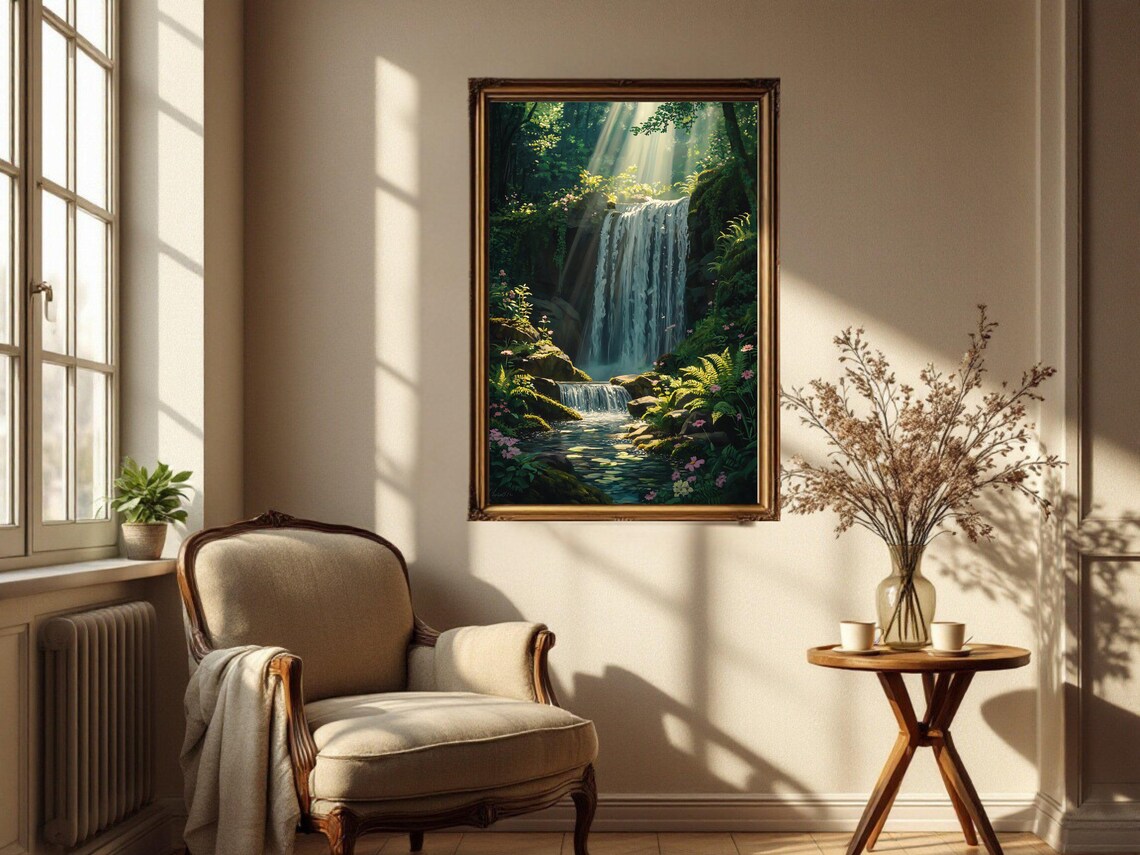 Enchanting Forest Waterfall Nature Landscape Art Print - Image 3