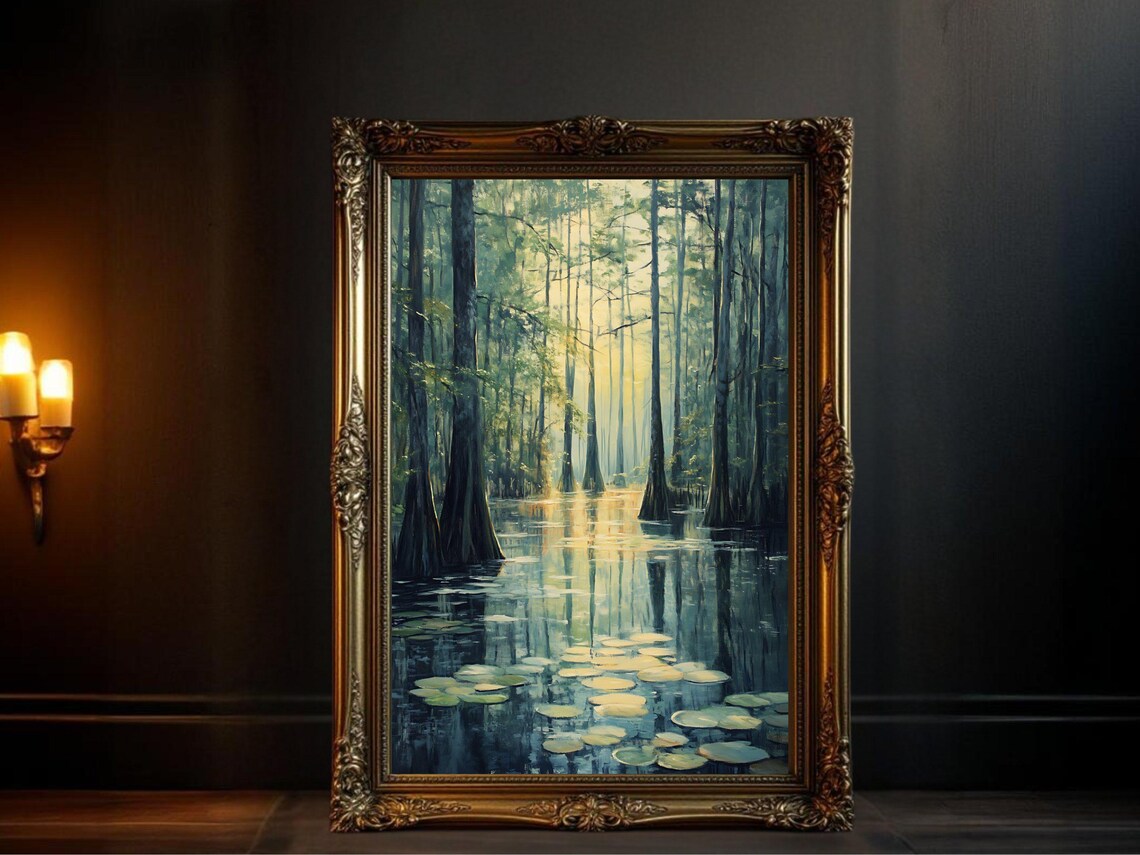 Serene Forest Wetland Art Print, Tranquil Trees