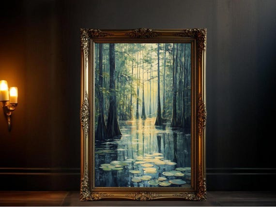 Serene Forest Wetland Art Print, Tranquil Trees