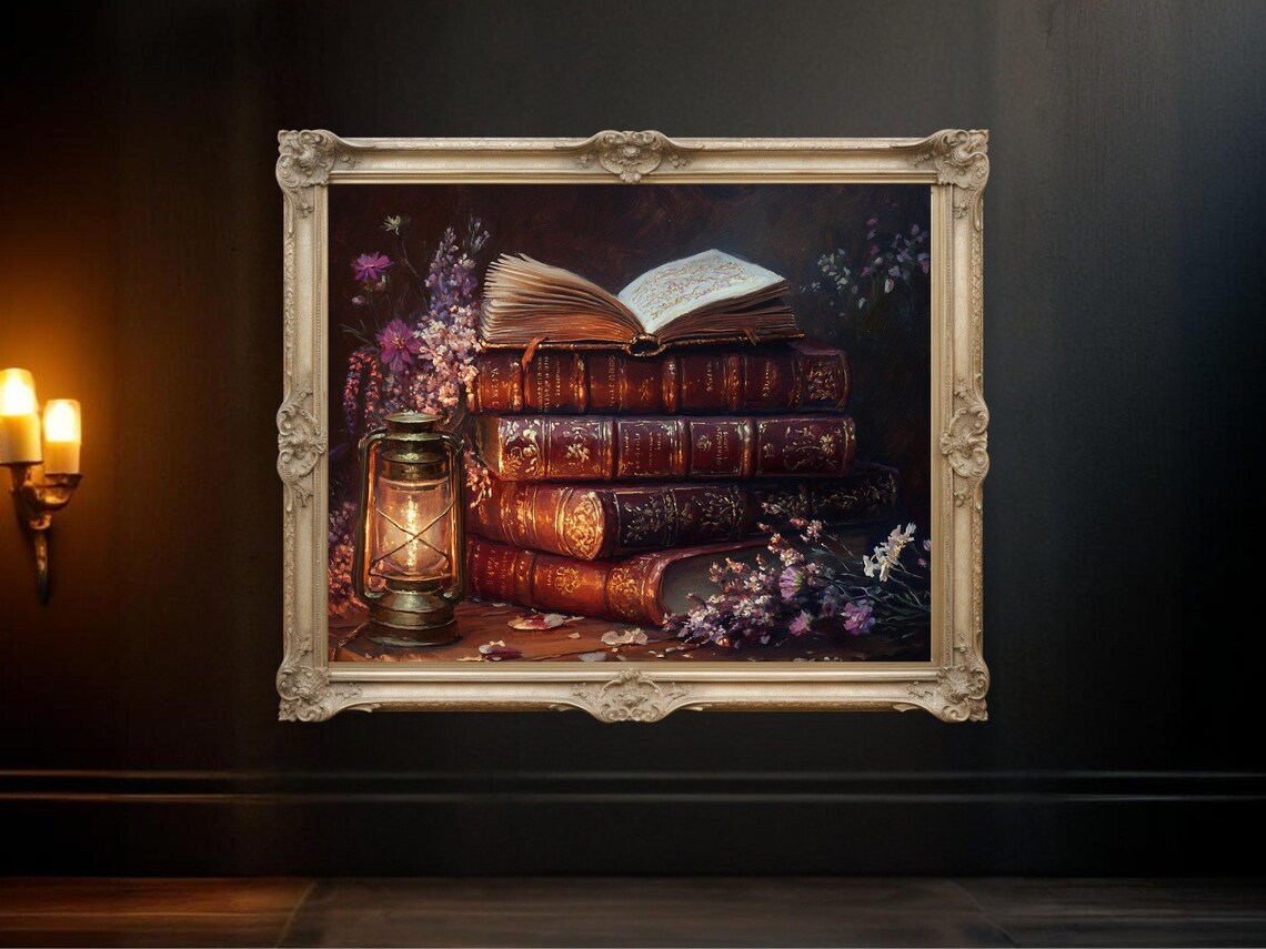 Vintage Books And Lantern, Rustic Reading Room Art - Image 3