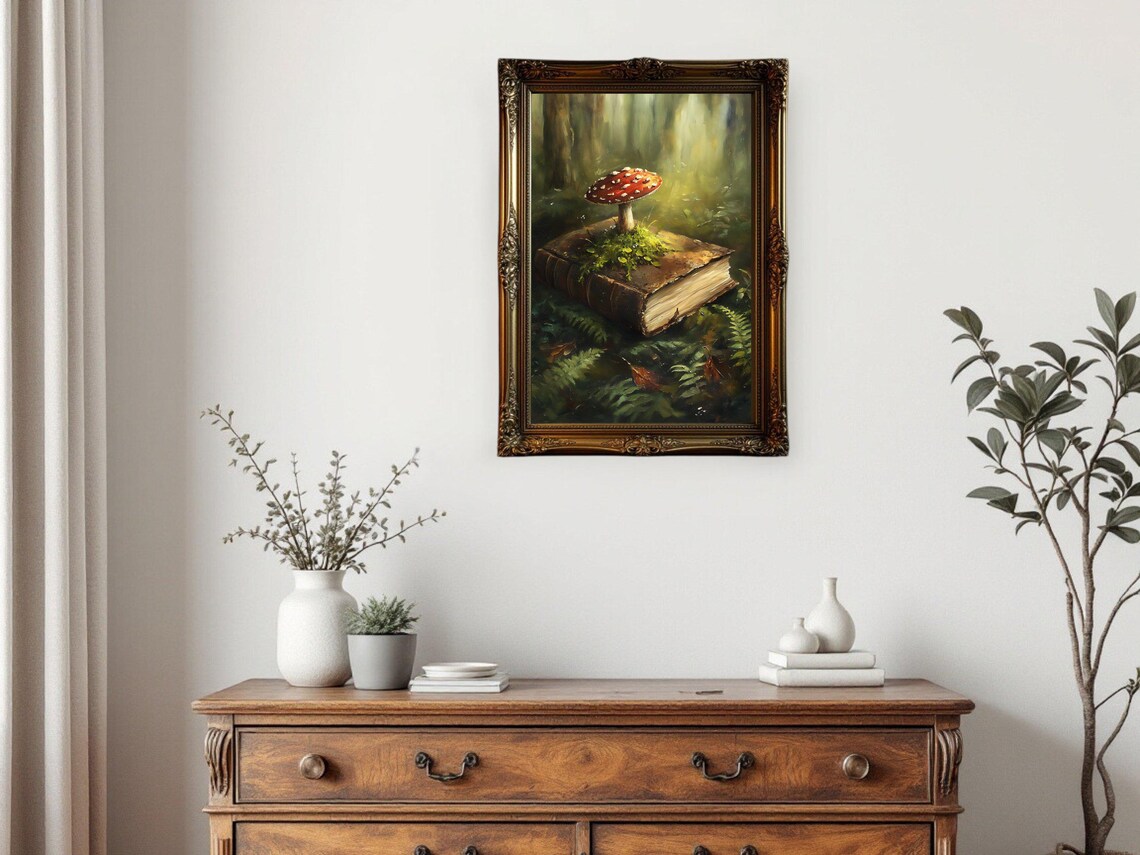 Vintage Mystical Forest Scene With Mushroom On Book - Image 3