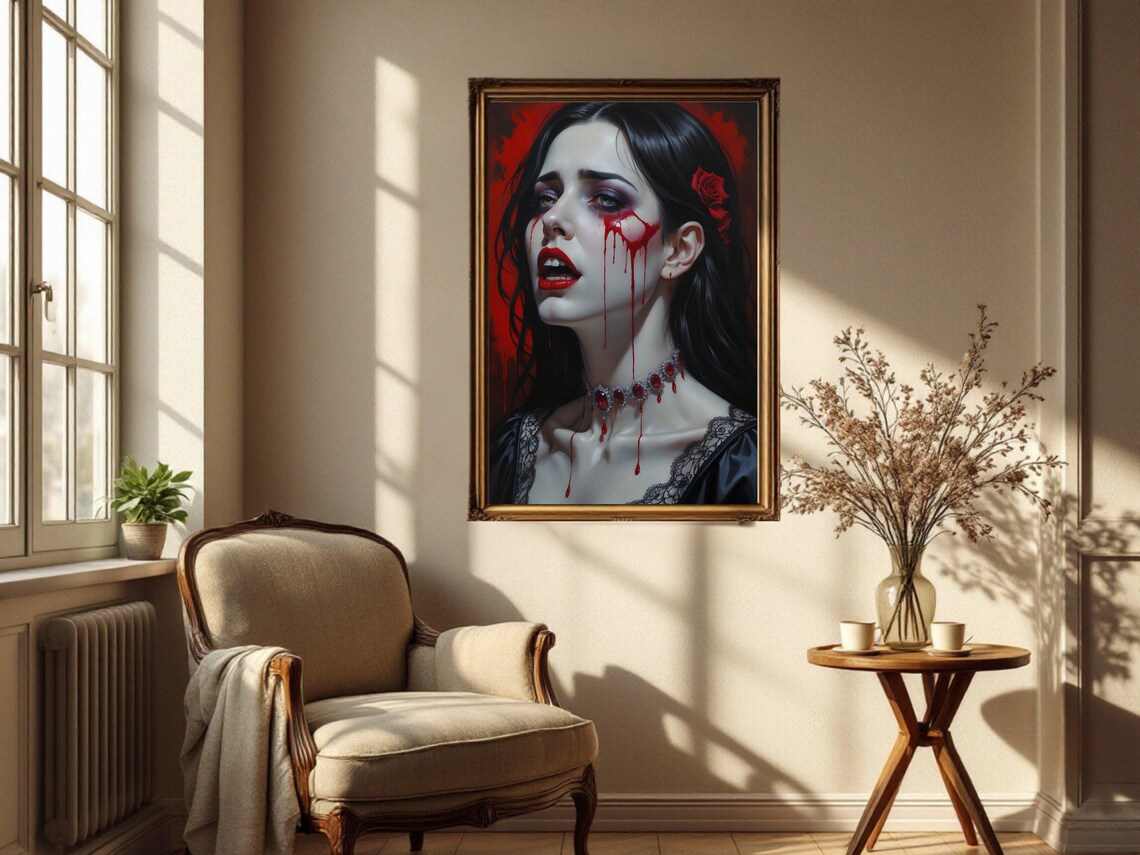 Gothic Vampire Dark Horror Art Print, Red Rose - Image 2