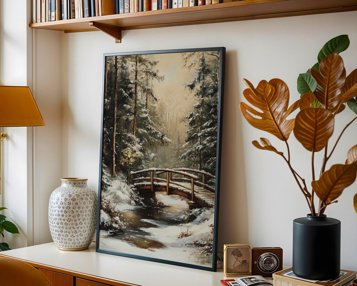 Snowy Forest Bridge, Winter Landscape Art Print - Image 2