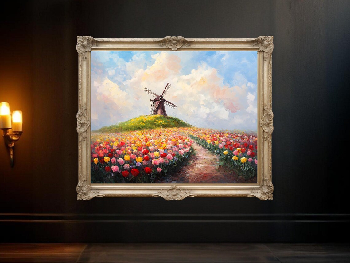 Windmill Field Landscape, Rustic Farmhouse Decor