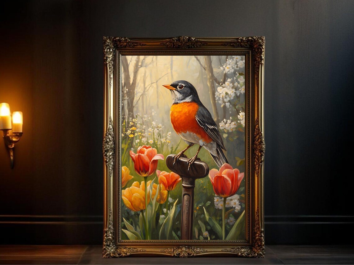 Robin Bird Art Print, Spring Garden Botanical Wall Art