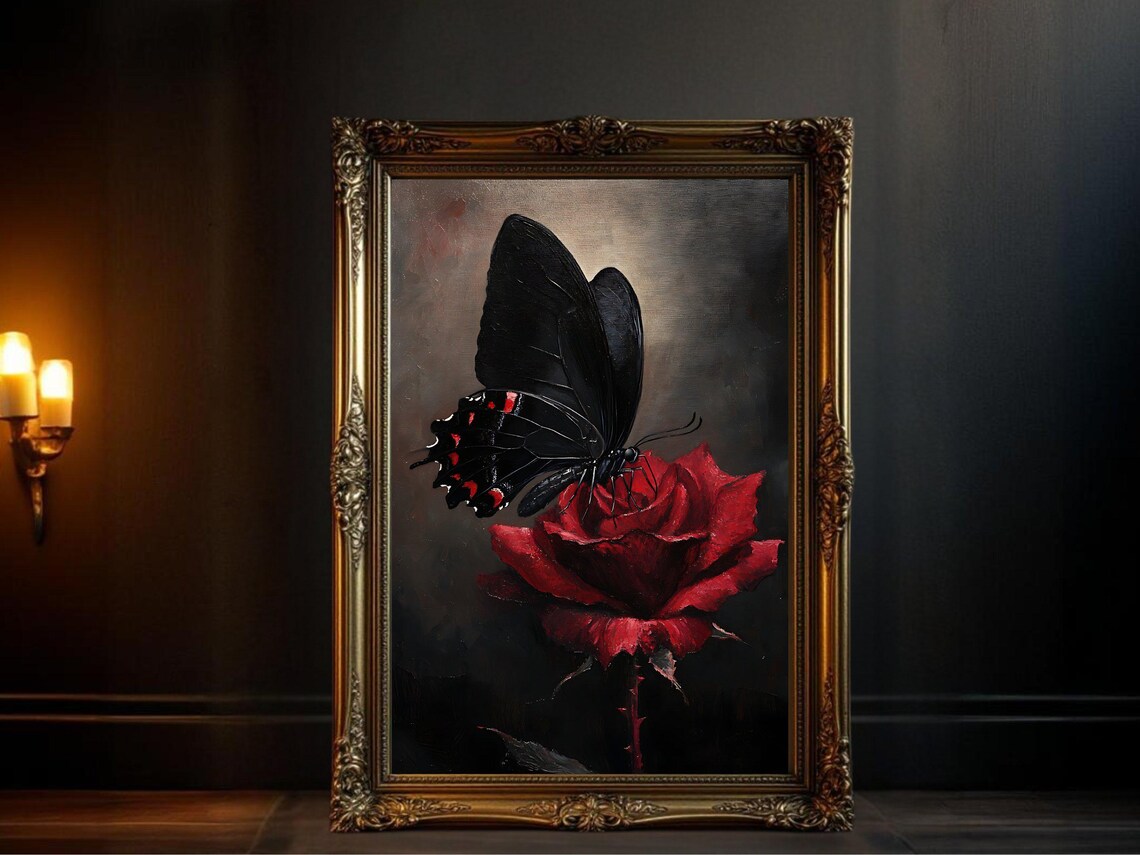 Black Butterfly On Red Rose, Gothic Nature Print