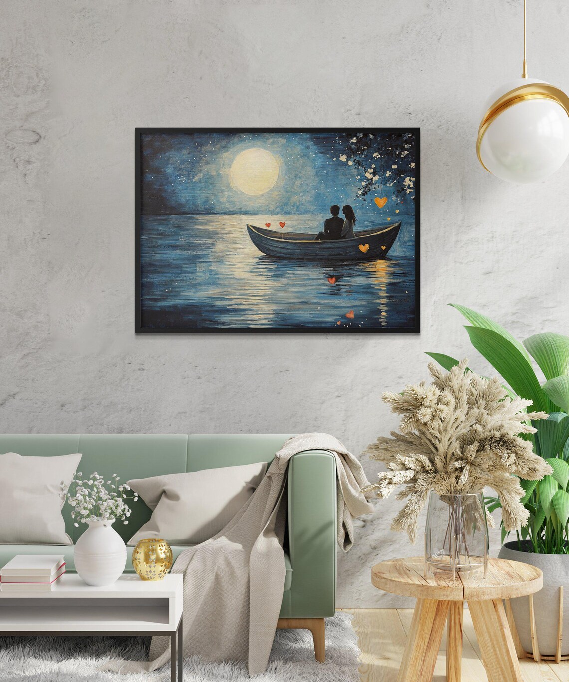 Romantic Boat Ride Under Moonlight, Lake Painting - Image 2