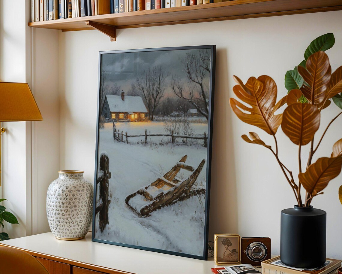Dreamy Winter Cottage Scene, Rustic Cabin Decor - Image 2