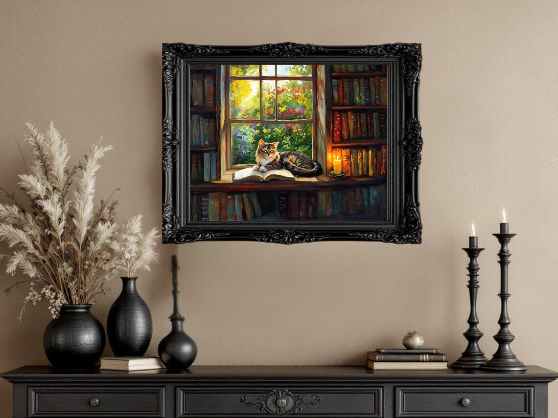 Cozy Cat And Candle, Library Candlelight Art Print - Image 2