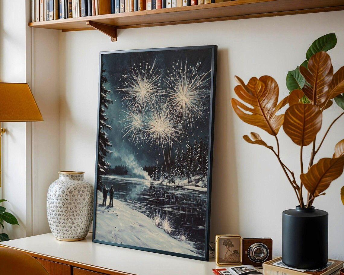 Fireworks Winter Landscape, Christmas Night Art Print - Image 2