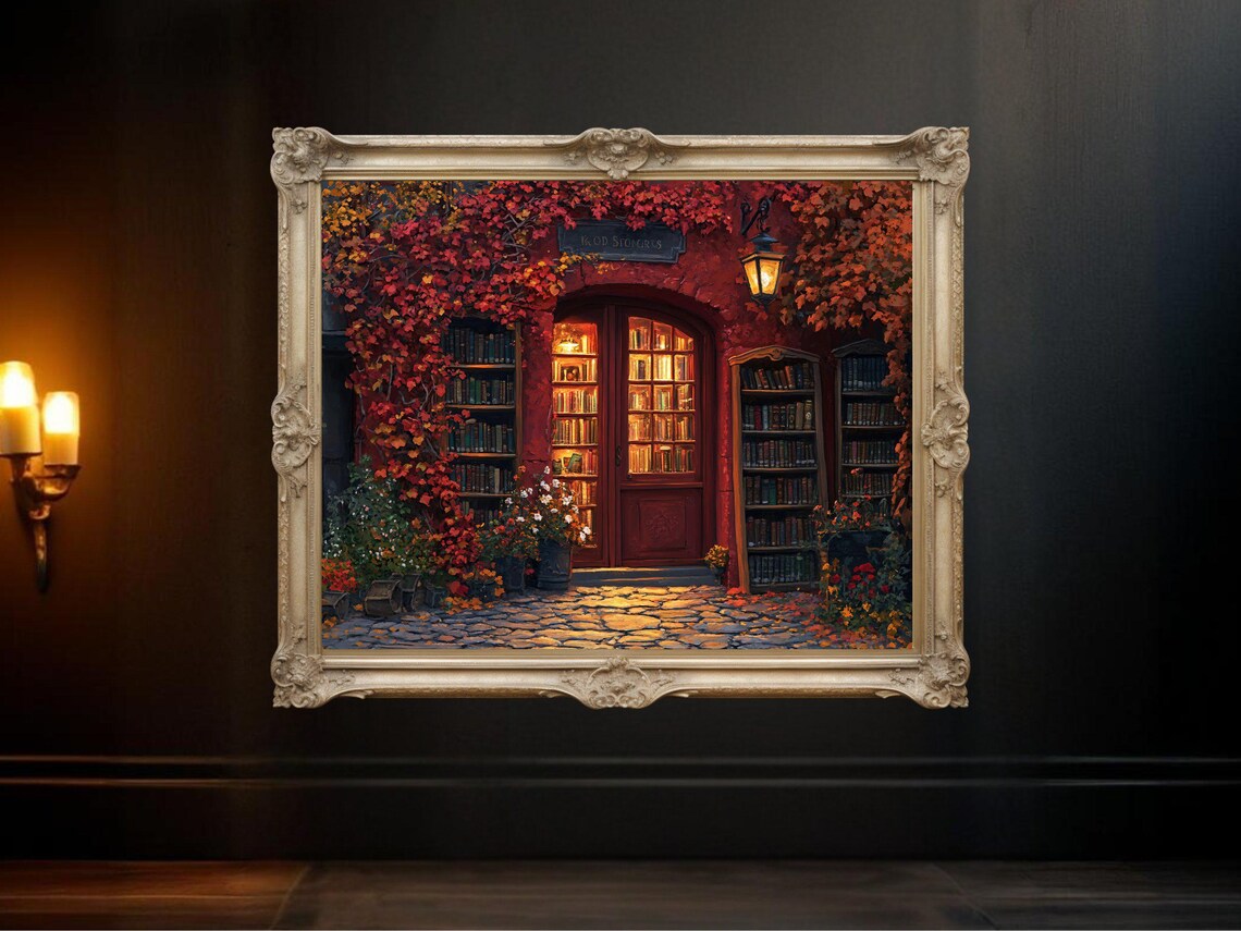 Cozy Bookstore Entrance, Autumn Vine Covered Doorway