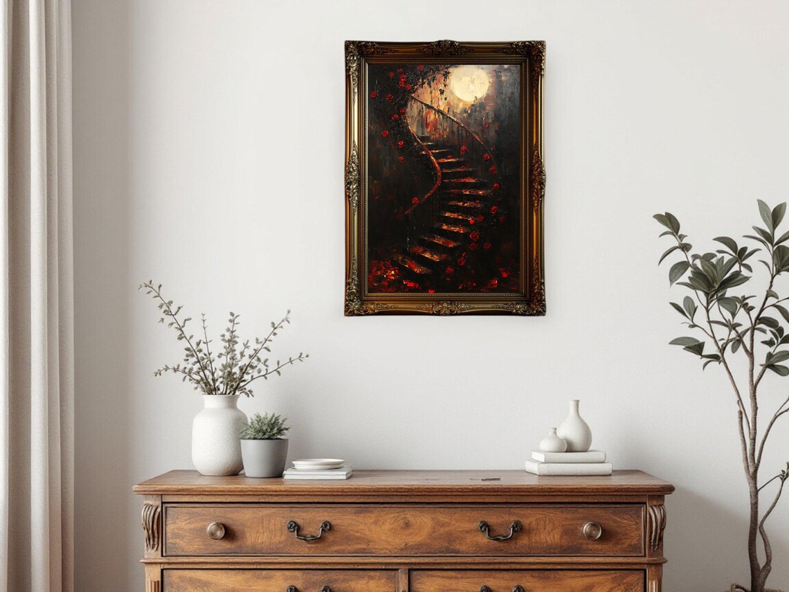 Dark Gothic Staircase With Roses, Moonlit Night Art Print - Image 3