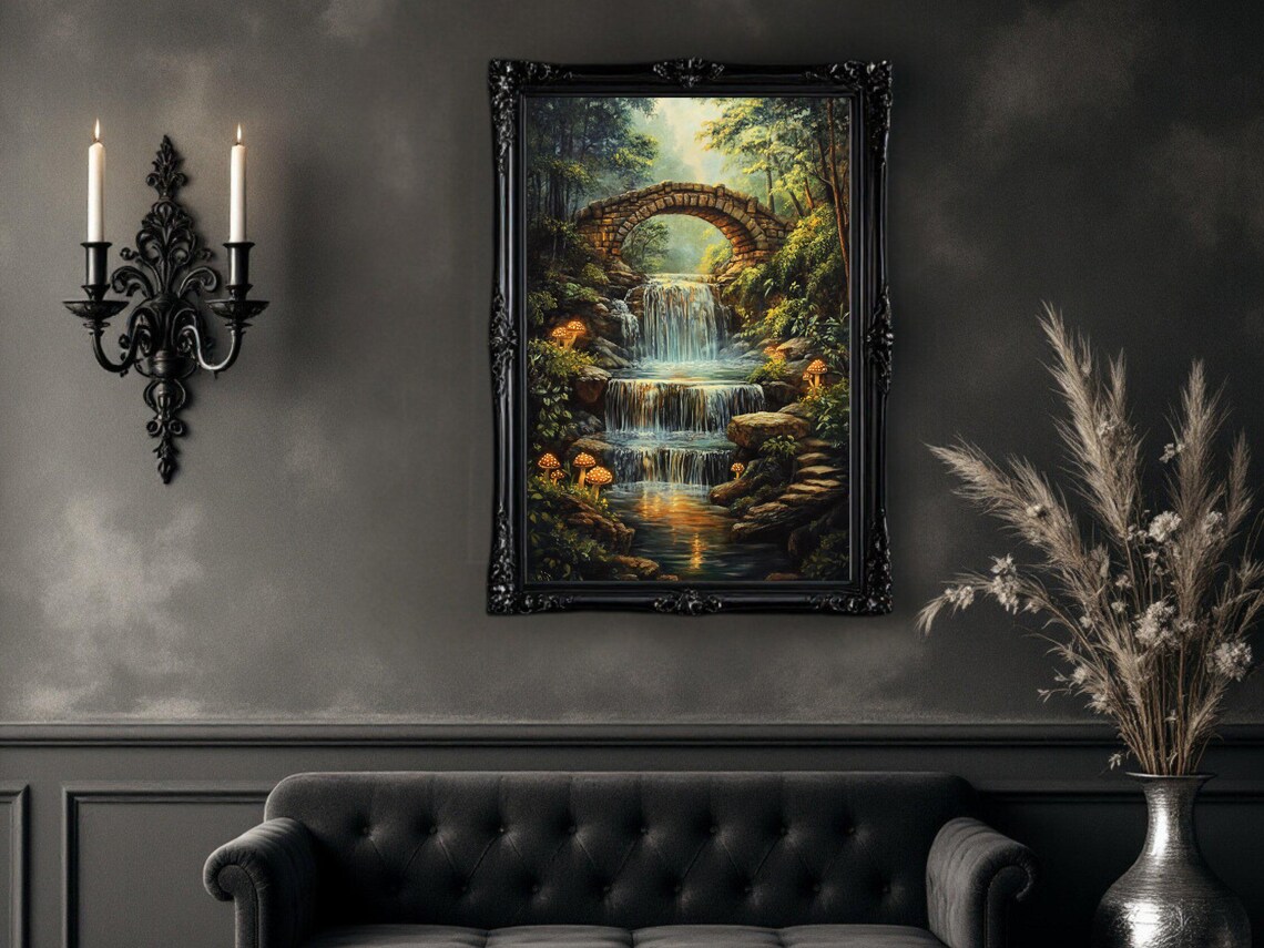 Enchanted Forest Waterfall, Mystical Bridge Poster - Image 2