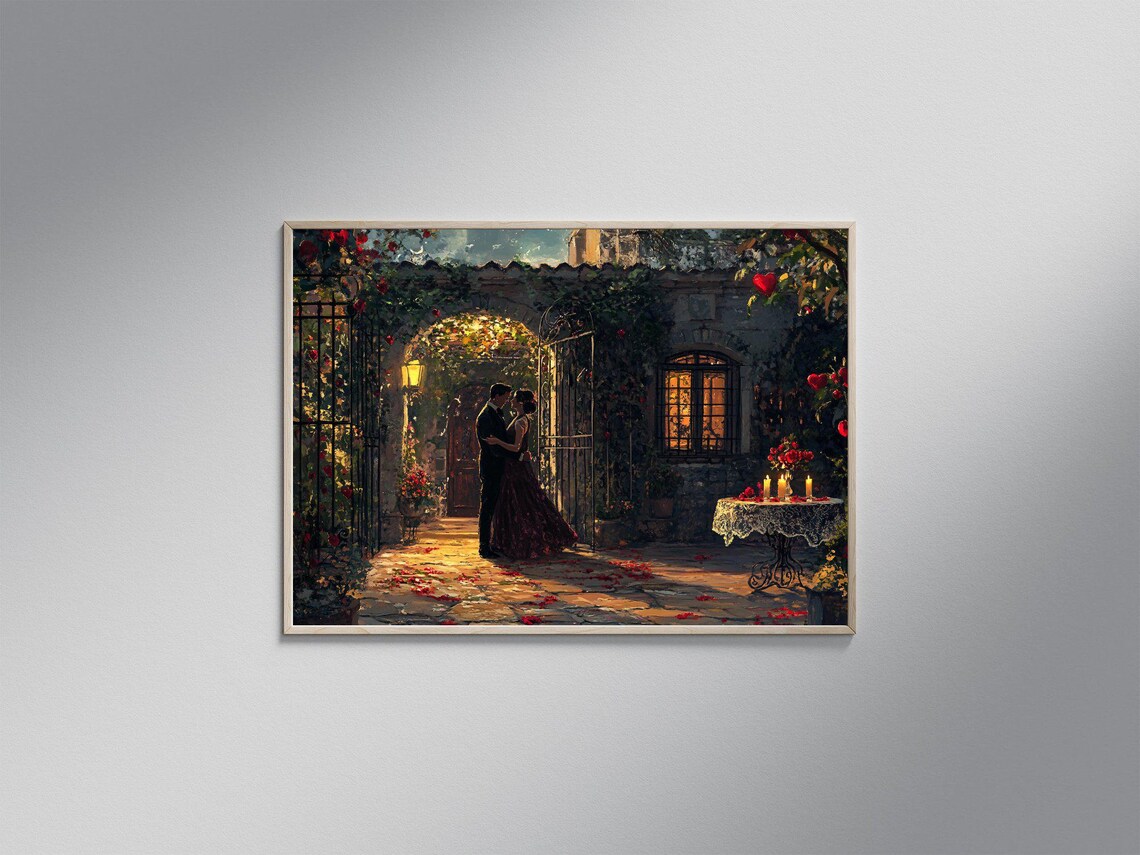 Couples Dance Under Moonlight, Romantic Evening Art Print