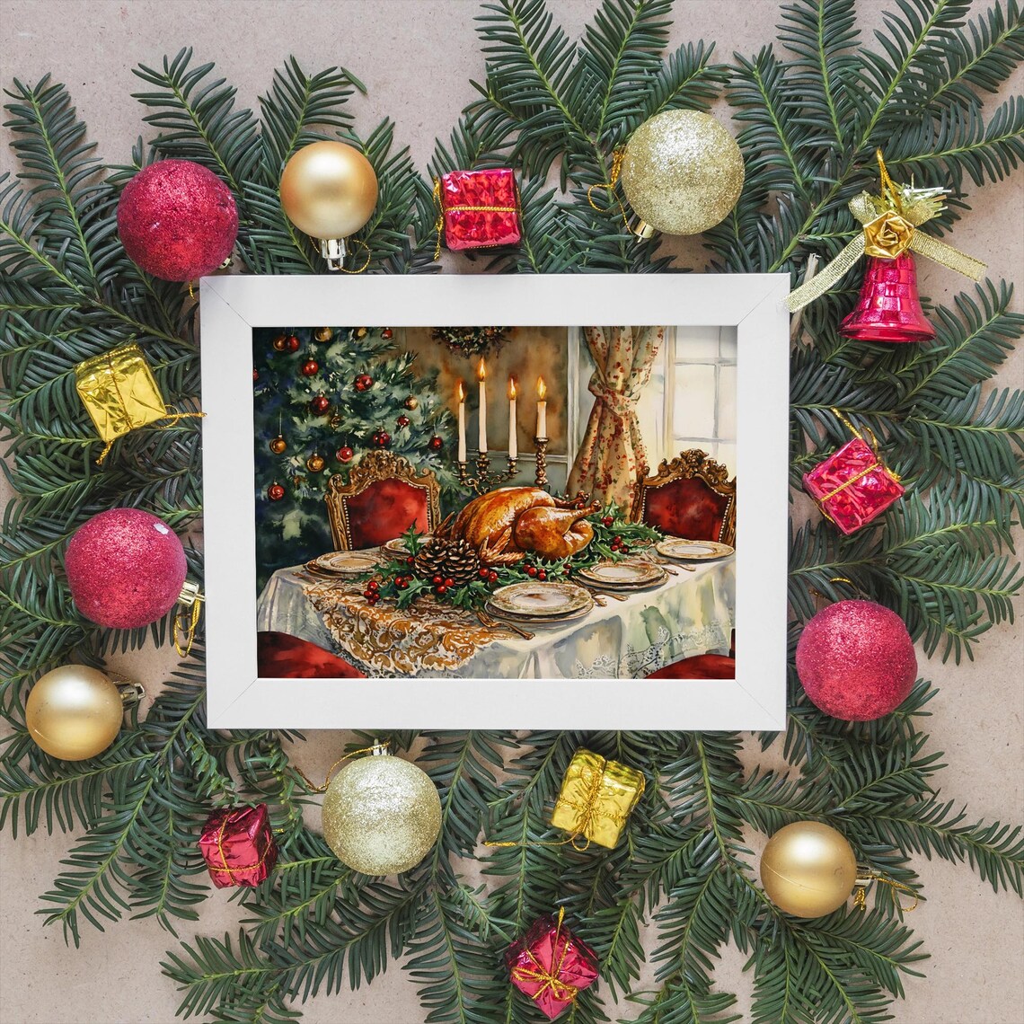 Christmas Feast, Rustic Vintage Holiday Table Art Print - Image 2
