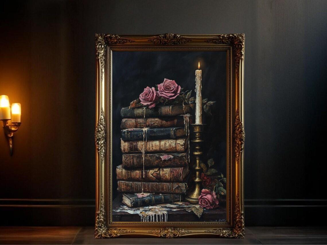 Dark Academia Vintage Book Stack With Candle