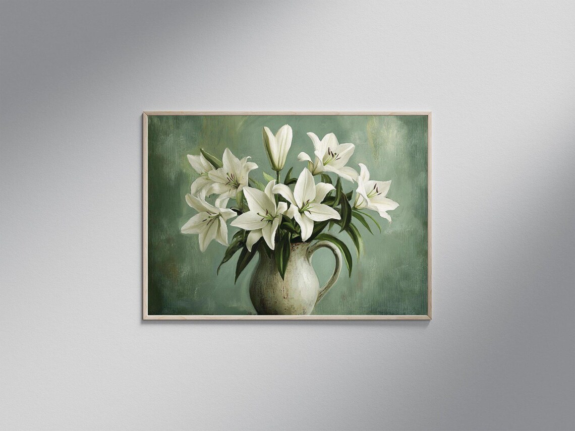 Elegant White Lilies In Vase, Botanical Art