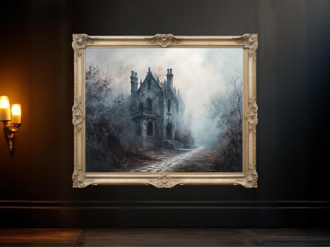 Haunted Gothic Mansion, Spooky Foggy Forest Scene
