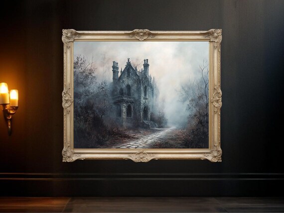 Haunted Gothic Mansion, Spooky Foggy Forest Scene