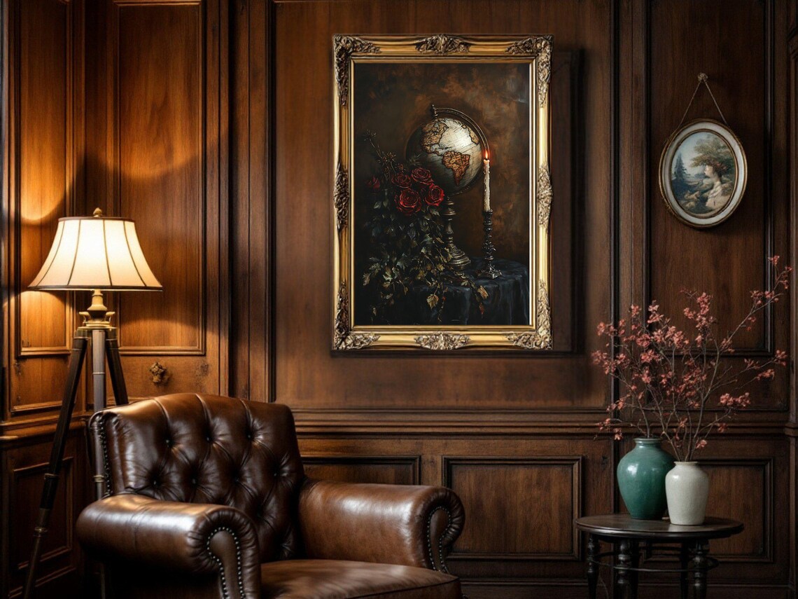 Vintage Oil Painting Globe And Roses, Antique Style - Image 2