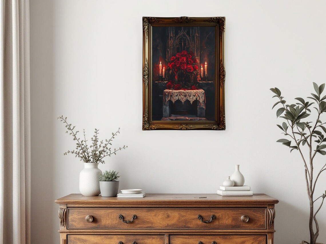 Gothic Roses Candlelit Altar, Dark Romantic Floral Art Print - Image 3