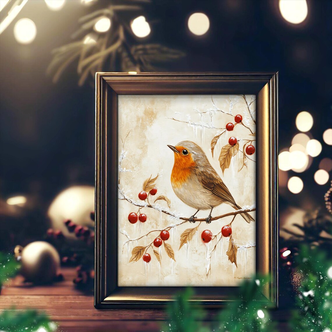 Festive Winter Bird Robin On Branch, Rustic Christmas Scene