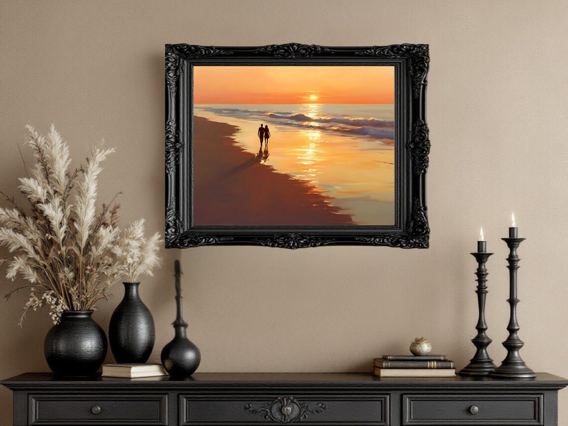 Romantic Beach Sunset, Couple Walking By Ocean - Image 2