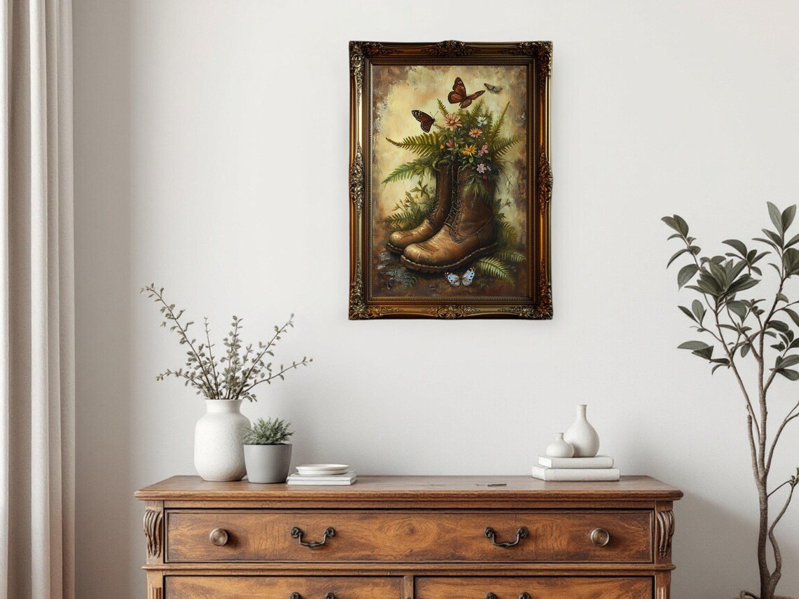 Rustic Boots With Flowers And Butterflies, Vintage Oil Painting - Image 3