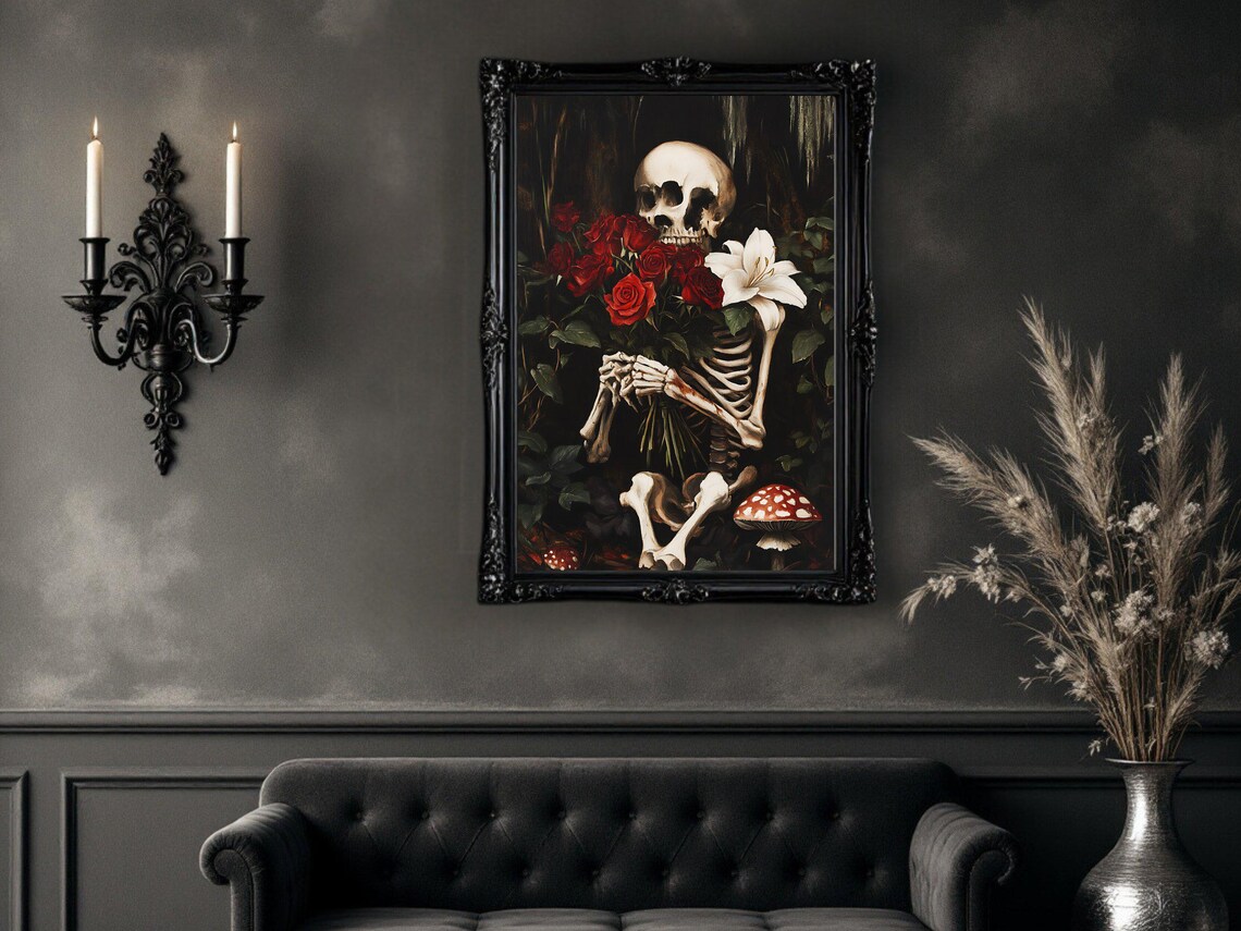 Gothic Skeleton Holding Roses And Lily, Vintage Dark Art Print - Image 2