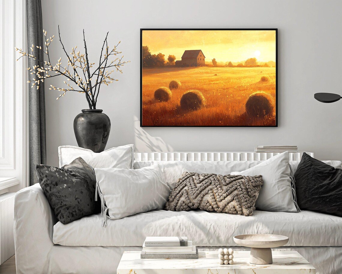 Rustic Farmhouse Landscape Art Print, Sunset Fields - Image 3