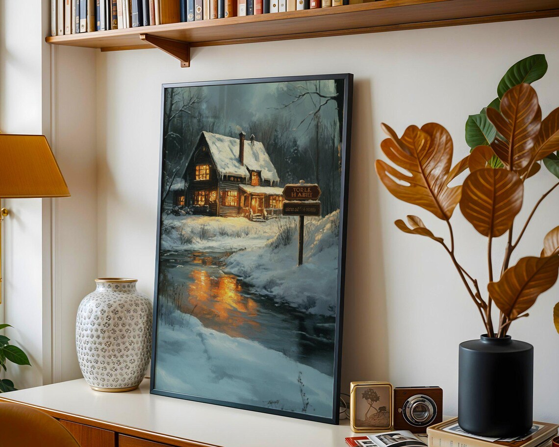 Cozy Winter Cabin, Rustic Winter Wonderland Art Print - Image 2