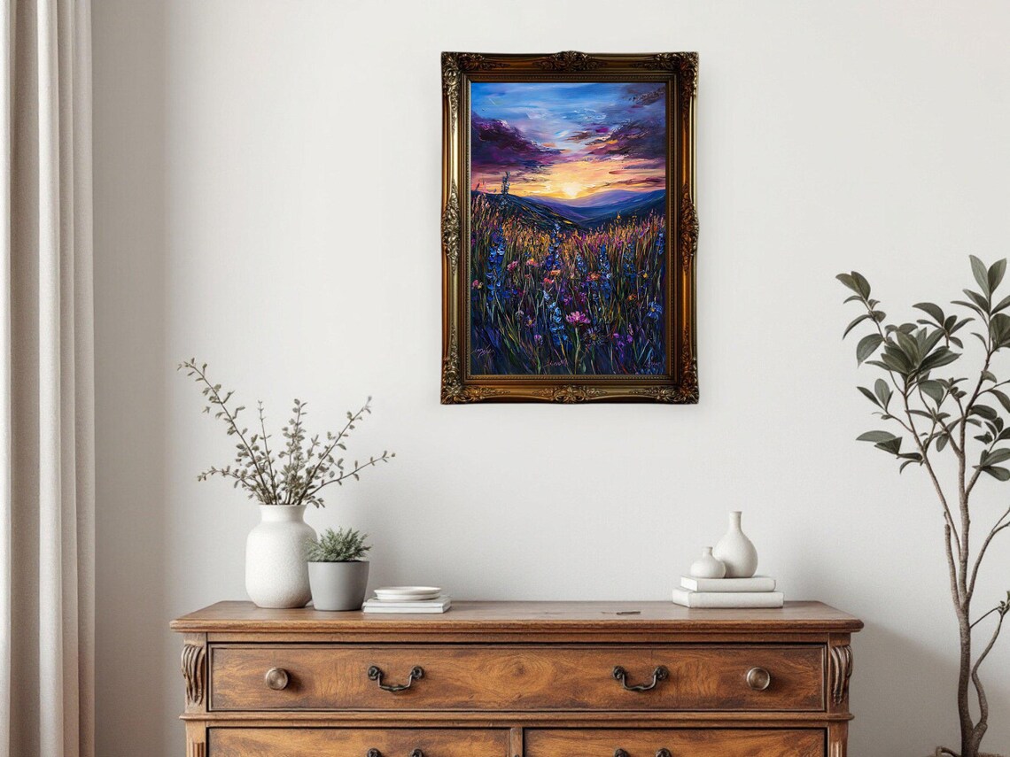 Sunset Landscape, Wildflowers Mountain View Art Print - Image 3