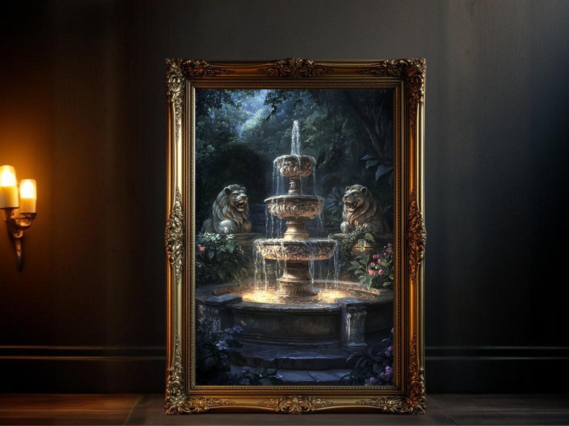 Lion Fountain, Elegant Nature Scene Art Print